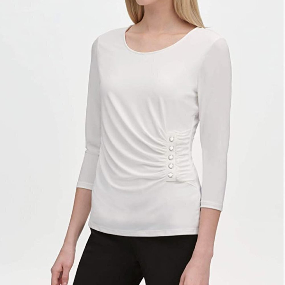 NWT Calvin Klein White Jersey Knit Draped Asymmetrical 3/4 Sleeve Blouse Sz L